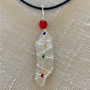 HAND CRAFTED Wire Wrapped Sea Glass Pendant Necklace Rainbow Colored Glass Beads